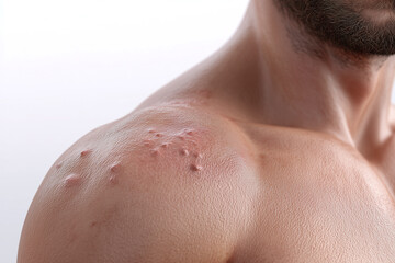 Fototapeta premium Inflamed red bumps and raised skin lesions on male shoulder and upper chest, close up view showing irritated pores and textured skin