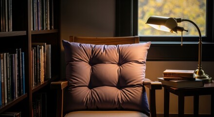 Fototapeta premium Deeply Padded Tufted Cushion in a Muted Lavender Shade Resting on a Chair for Enhanced Comfort and Style