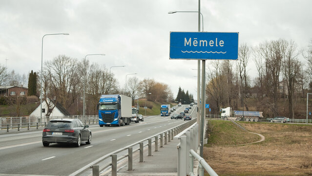 Bauska, Latvia, April 7, 2026: A road bridge over the Memele River in Bauska.
