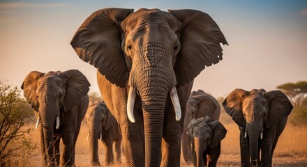 Fototapeta premium A herd of elephants walking together in a natural landscape with a clear blue sky
