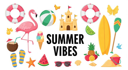 Summer Vibes Vector Illustration Set: Tropical Beach Icons and Vacation Elements © Miptahul