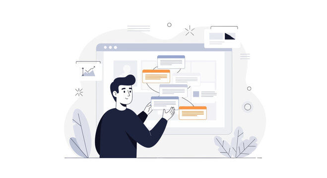 Man organizing project plan on digital board, business strategy, workflow, planning, teamwork