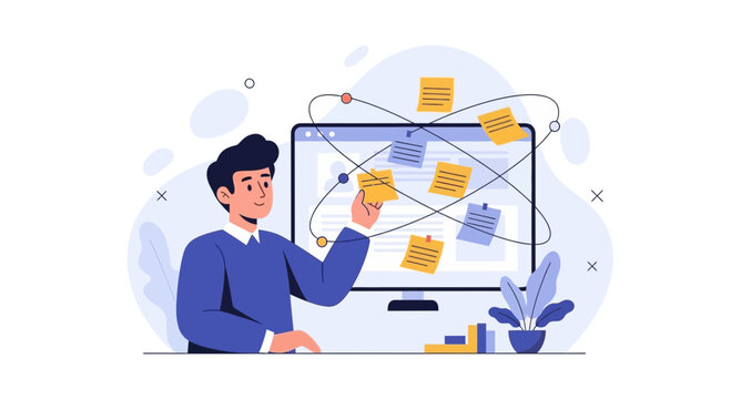 Man organizing sticky notes on computer screen, project management concept