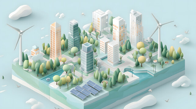 A miniature 3D model of a modern sustainable city featuring tall buildings surrounded by lush green trees with wind turbines and solar panels providing renewable energy for the community