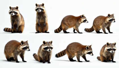 Obraz premium Eight raccoons in different poses on plain white background. Animals display various behaviors like standing, sitting, walking. Characteristic masked faces, ringed tails, exhibiting natural curiosity.