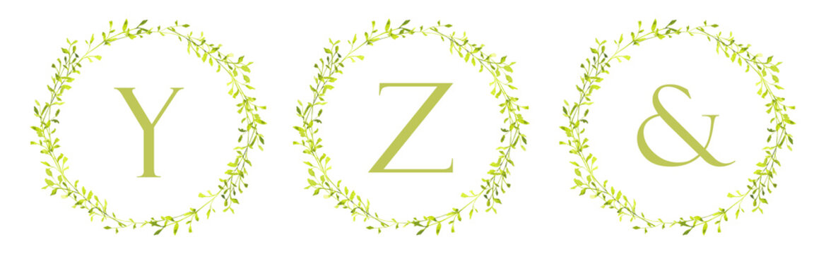 Watercolor green leaf wreath monogram set with letters Y Z AND, elegant botanical alphabet elements for wedding invitations, branding,  design and decorative templates