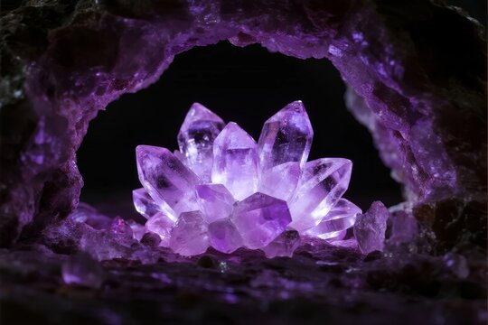 Purple amethyst crystals glowing inside a rock cave formation