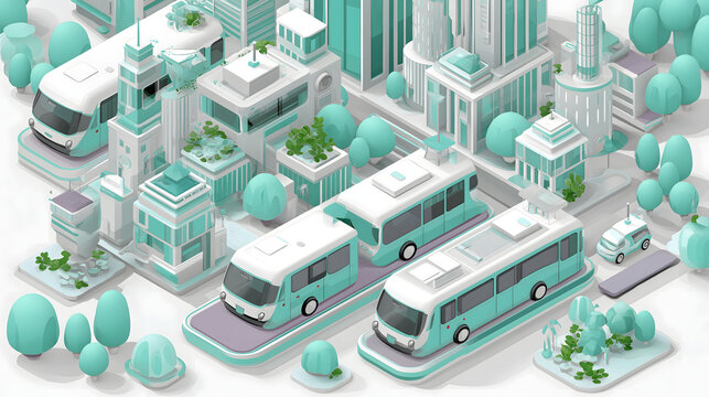 A miniature isometric 3d city model shows modern electric buses driving through streets surrounded by white and teal buildings and green trees in a clean urban design concept