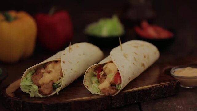 Chicken Wraps arranged on wooden board with sauce, lettuce and vegetables present a fresh meal in closeup. Wraps, chicken and snack visuals highlight layered filling and soft texture.