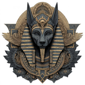 Majestic Portrait of Ancient Egyptian God Anubis with Ornate Golden Headdress and Intricate Carved Details, Mythological Black Jackal Deity Illustration with Pharaonic Wings and Sacred Symbol Elements