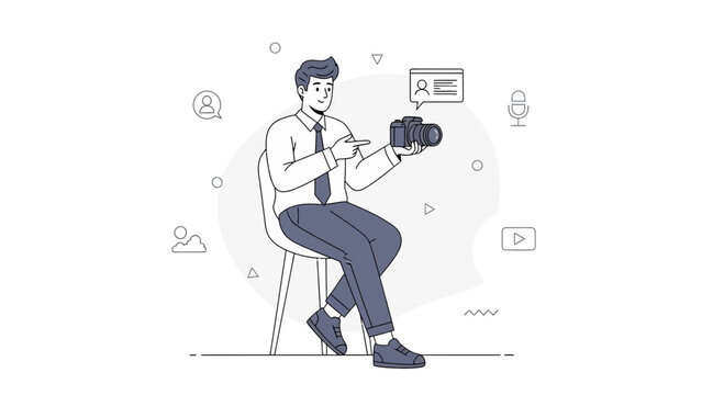 Man with Camera and Social Media Icons, Vlogger Concept