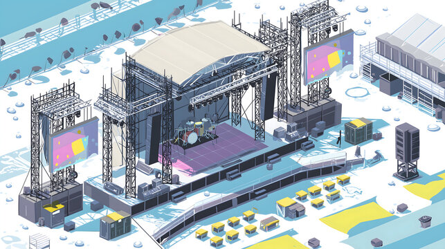 An isometric view of a large outdoor music stage setup with professional audio equipment and screens designed for a live concert performance in a public festival space
