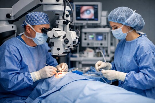 Eye surgery with doctors operating using microscope in clinic. Ai generative