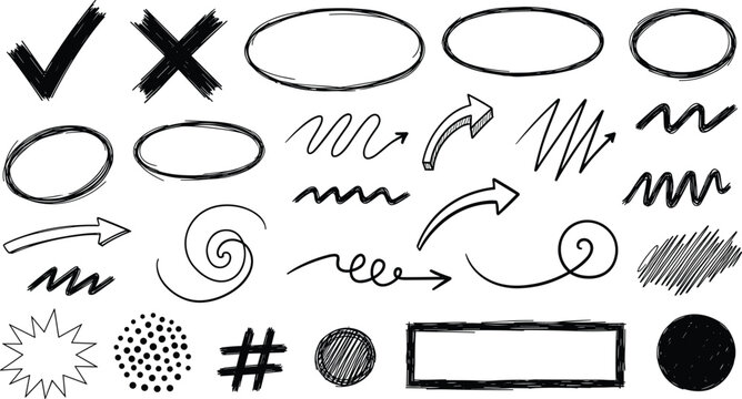 Set of black hand drawn scribbled shapes including arrows circles spirals and check marks on transparent backdrop.