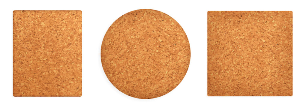 Wooden cork board with natural brown texture shape vector illustration collection, ideal for bulletin displays, office notices, classroom memos and pinboard organization solutions set.