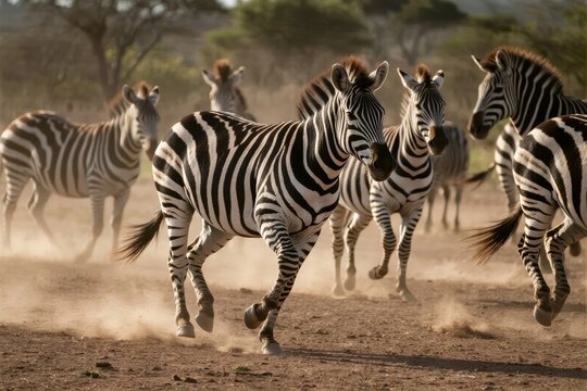 A herd of zebras running across a dusty savanna landscape