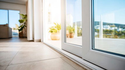 Fototapeta premium Sliding glass door threshold and metal track joining a bright room to an inviting open outdoor patio with potted plants