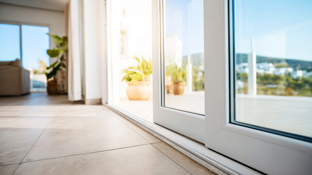 Sliding glass door threshold and metal track joining a bright room to an inviting open outdoor patio with potted plants