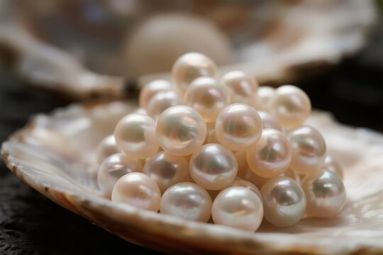 A cluster of lustrous pearls nestled in an open oyster shell
