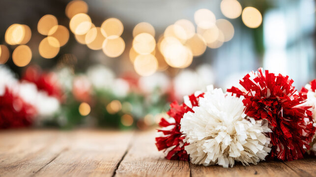 Red and white cheerleading pom poms arranged on a rustic wooden surface, creating a vibrant background with golden bokeh lights