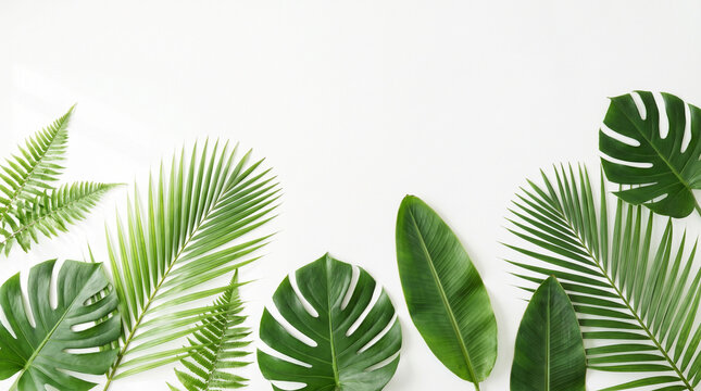 Tropical Green Leaves Flat Lay on White Background with Copy Space