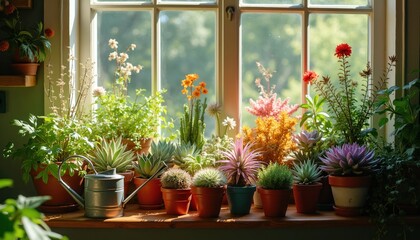 Fototapeta premium Assortment of various potted succulent plants on wooden windowsill. Bright sunlight illuminates colorful flora in containers. Tiny metal watering can sits among green and purple plants.
