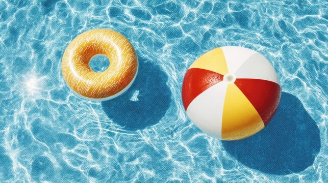Floating inflatable ring and beach ball in a blue swimming pool