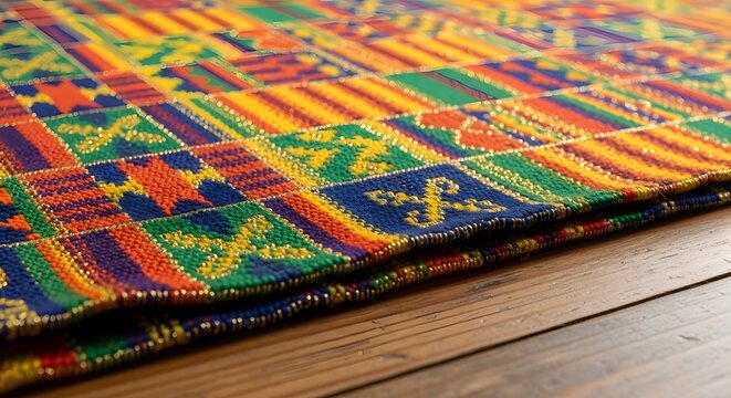 Vibrant Kente cloth laid on wooden floor for Juneteenth Day celebration