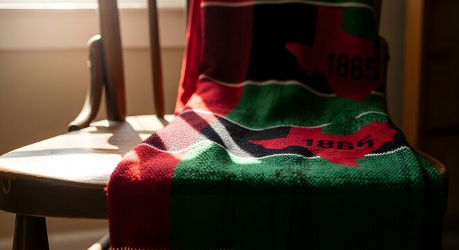 Juneteenth Day celebration with red, green, and black fabric on chair
