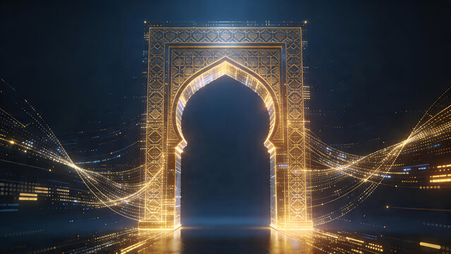 Luxury Islamic arch gateway representing fintech infrastructure and digital banking systems.
