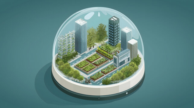 A small isometric city with green parks and modern buildings is enclosed inside a clear glass dome on a solid surface representing a sustainable urban environment concept