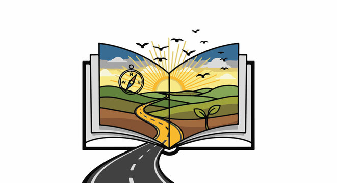 Open book displays a sunny landscape with a winding road leading to new beginnings