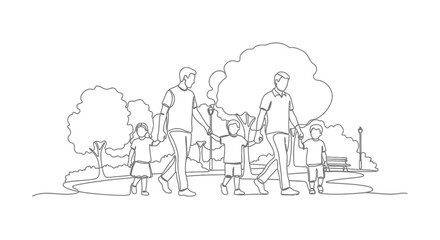 Obraz premium Gay Couple Walking Children in Park, Family Lifestyle, Outline Illustration