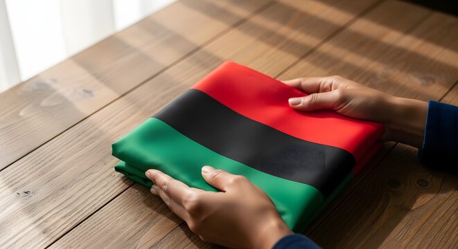 Person holding Juneteenth Day flag on wooden table indoors