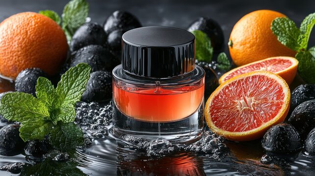 Perfume bottle in a wet, fruity, pebble landscape