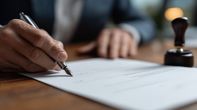 Main tenant un stylo plume pour signer un document officiel sur bureau
