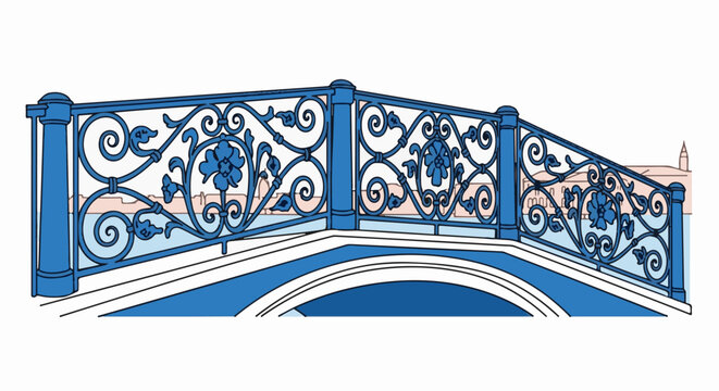 Ornate blue metal bridge railing with floral scrollwork, spanning a canal with distant buildings