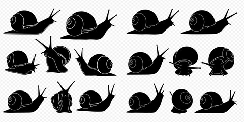 Set of various snail silhouettes, showing different poses and perspectives of the mollusk. © Akun