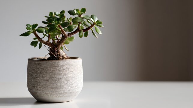 Petite plante grasse dans un pot beige sur une surface claire