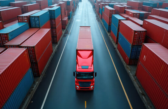 Red truck drives on wet road between stacks of shipping containers. Aerial view shows a long line of cargo boxes. Transport network for global commerce. Logistics industry work.