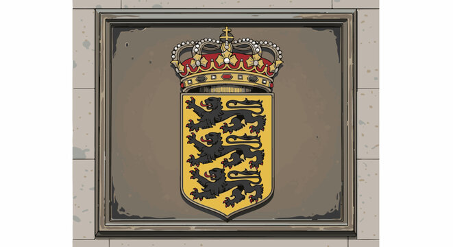 Ornate crest featuring a regal crown atop a shield with three rampant lions