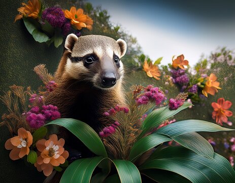 a coati adorned with flora