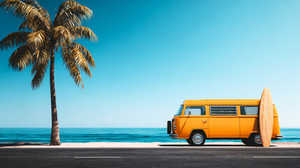 Obraz premium Orange vintage van with surfboard parked at a tropical beach, clear blue sky over calm ocean, summer holiday destination