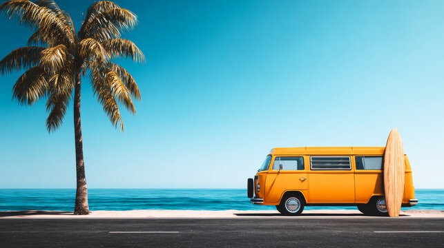 Orange vintage van with surfboard parked at a tropical beach, clear blue sky over calm ocean, summer holiday destination