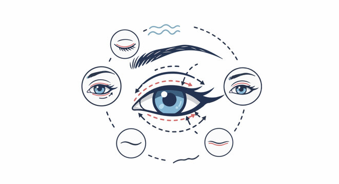 Instructional graphic showing eye makeup application techniques and eye shapes