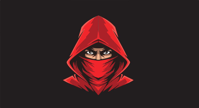 Intense gaze from a figure in a red hooded cloak, face obscured by a red mask