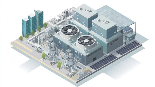 An isometric view of an industrial power plant facility with large cooling fans and buildings situated in a modern urban landscape setting representing clean energy and infrastructure production
