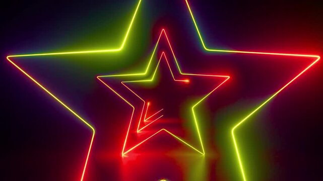 Neon glowing star shapes fly into infinity tunnel loop seamless motion.