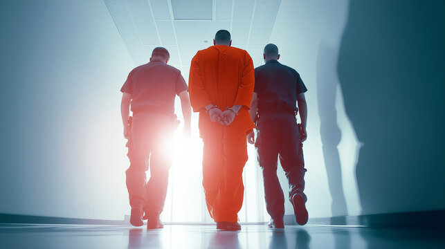 Officers escorting a handcuffed man in an orange prison uniform down a brightly lit hallway, representing legal proceedings and custody