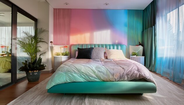 dreamy bedroom interiors showcasing iridescent colors and soft lighting